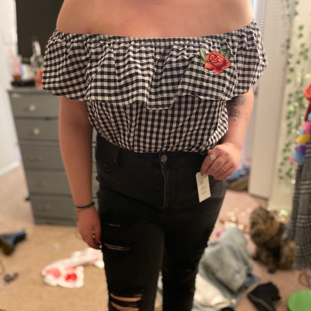 Plaid off the shoulder top.
